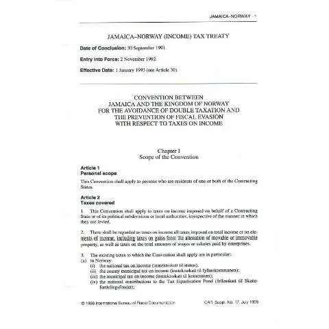 Document preview: Jamaica - Norway Tax Treaty: Key Insights — Government & admin (CERFA n°dta+jamaica_norway)