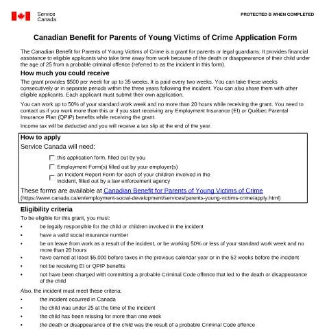 Document preview: Essential Guide to the Canadian Benefit for Parents of Young Victims — Work & employment (CERFA n°EMP5632)