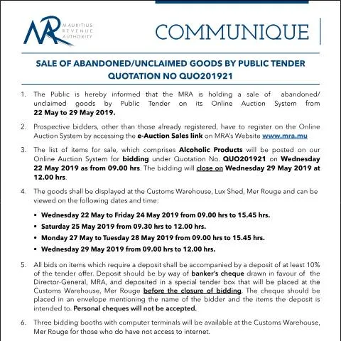 Document preview: Explore the Sale of Unclaimed Goods in Mauritius — Government & admin (Communique21of2019)