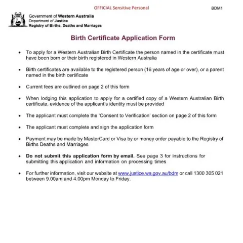 Document preview: Understanding the Western Australia Birth Certificate Application Form — Civil status & identity (BDM1)