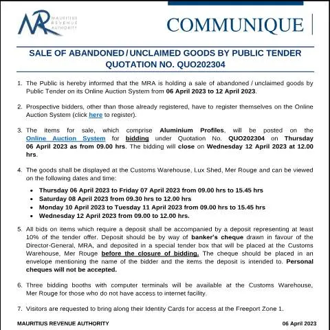 Document preview: Mauritius Revenue Authority Public Tender for Unclaimed Goods — Government & admin (CommuniqueQuo202304)
