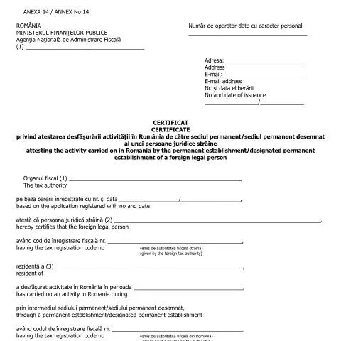 Document preview: Importanța certificatului A14 în desfășurarea activității în România — Impozite & fiscalitate (CERFA n°A14_OMFP_583_2016)
