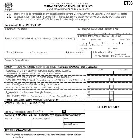 Document preview: Understanding the BT06 Weekly Sports Betting Tax Declaration in — Government & admin (CERFA n°bt06_19082016)