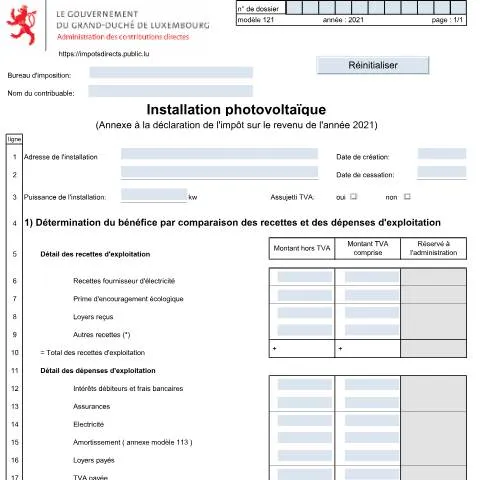 Aperçu du document Guide sur l'Annexe 121 pour installations photovoltaïques — Impôts & fiscalité (CERFA n°121)