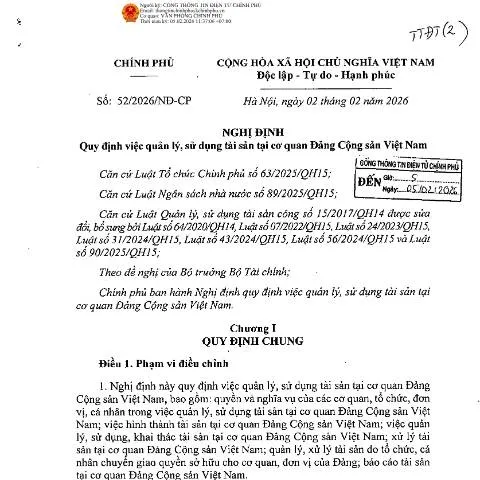 Document preview: Nghị định 52/2026/NĐ-CP: Bước tiến trong quản lý tài sản công — Ngân hàng & tài chính (CERFA n°52/2026/NĐ-CP)