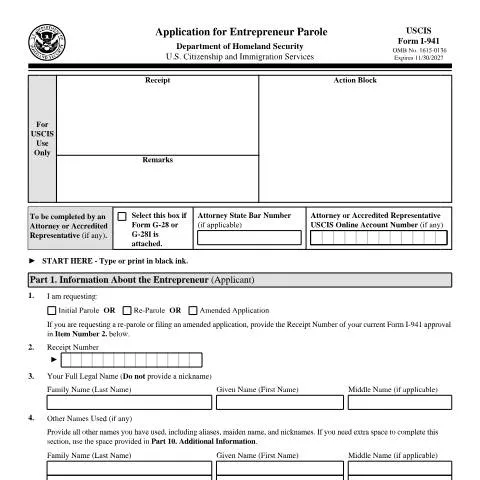 Document preview: Mastering USCIS Form I-941 for Entrepreneur Parole Applications — Immigration & visas (CERFA n°I-941)