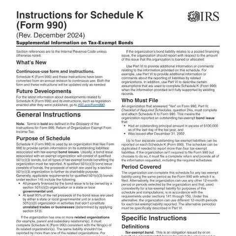 Document preview: Understanding IRS Instructions for Schedule K (Form 990) — Taxes (CERFA n°INST-990SK)