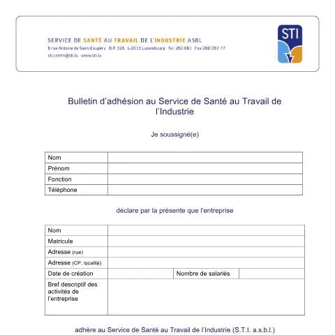 Aperçu du document Pourquoi adhérer au Service de Santé au Travail de l’Industrie ? — Santé (CERFA n°Bulletin_adhesion_STI)