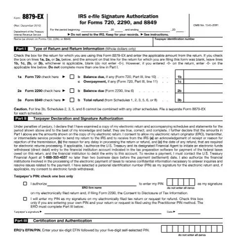 Document preview: Navigating IRS Form 8879-EX for E-Filing Success — Taxes (CERFA n°8879EX)