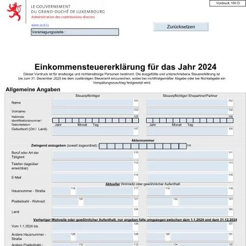Aperçu du document Tout savoir sur la Déclaration d'Impôt 100 D au Luxembourg — Impôts & fiscalité (CERFA n°100 D)