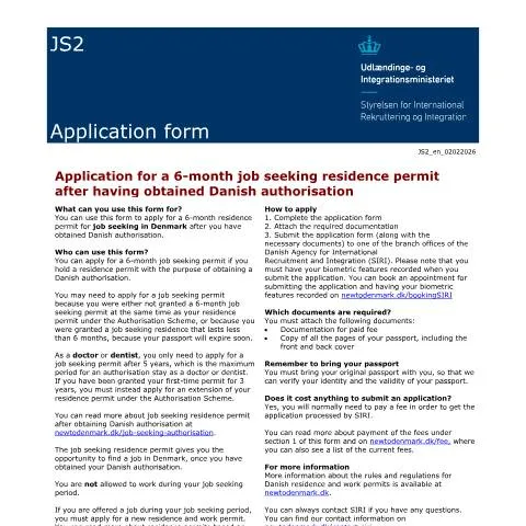 Document preview: Vigtige oplysninger om JS2-formularen til jobsøgning — Job & arbejde (CERFA n°JS2)