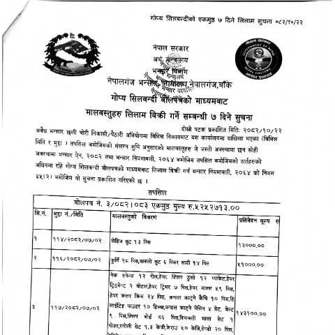 Document preview: नेपालगंज भन्सार कार्यालयको लिलाम प्रक्रिया र निर्देशनहरू — कस्टम र आयात-निर्यात (CERFA n°नेपालगंज भन्सार कार्यालयको मालबस्तु लिलाम बिक्री सम्बन्धी सूचना २०८२ १० २२ jkd8i)