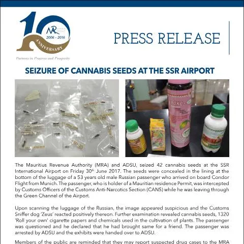 Document preview: Significant Drug Seizure at SSR International Airport — Government & admin (PressRelease300617)