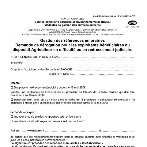 Aperçu du document Formulaire 15082*01 : dérogation références prairies pour exploitants — Démarches administratives (CERFA n°15082*01)
