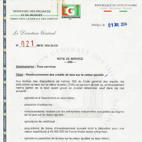 Aperçu du document Comprendre le remboursement des crédits de TVA en Côte d'Ivoire — Démarches administratives
