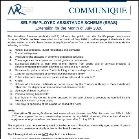 Document preview: Mauritius Extends Self-Employed Assistance Scheme for July 2020 — Work & employment (CERFA n°CommuniqueSEAS240720)