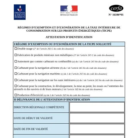 Aperçu du document Formulaire 16106*01 : votre sésame pour l'exemption TICPE — Impôts & fiscalité (CERFA n°16106*01)