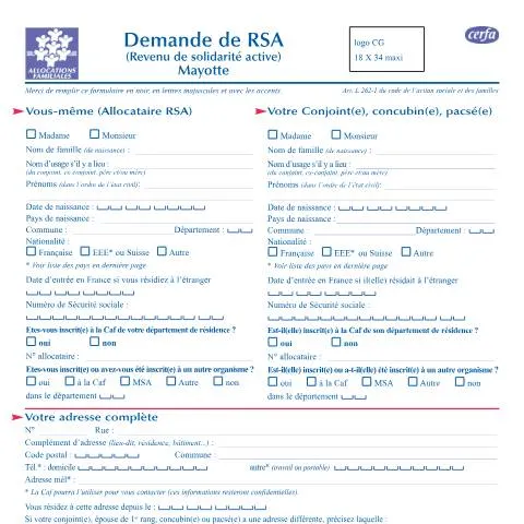 Aperçu du document RSA à Mayotte : dispositif territorial adapté aux enjeux ultramarins — Aides & prestations sociales (CERFA n°14584*01)