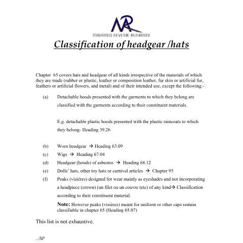Document preview: Navigating Headgear Classification for Trade Success — Government & admin (headgear)