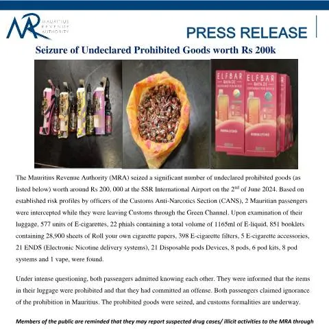 Document preview: Customs Regulations Enforcement at SSR International Airport — Government & admin (PressRelease050624)
