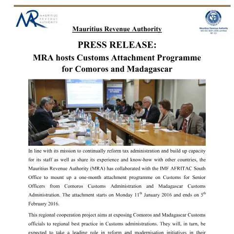 Document preview: Strengthening Customs Cooperation in the Indian Ocean Region — Government & admin (CERFA n°PressRelease120115)