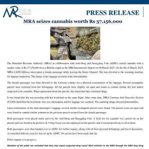 Document preview: Insights into the MRA's Major Cannabis Seizure at SSR Airport — Government & admin (PressRelease090325)