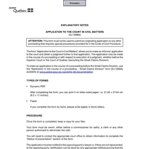 Document preview: Understanding the Application to the Court in Civil Matters Form — Legal & justice (SJ-1098A)