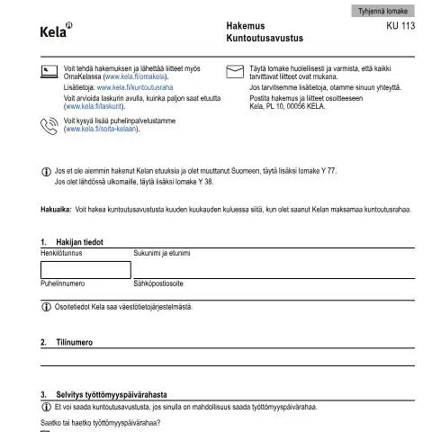 Document preview: Kuntoutusavustuksen merkitys ja hakeminen — Terveys (CERFA n°Kela KU 113)