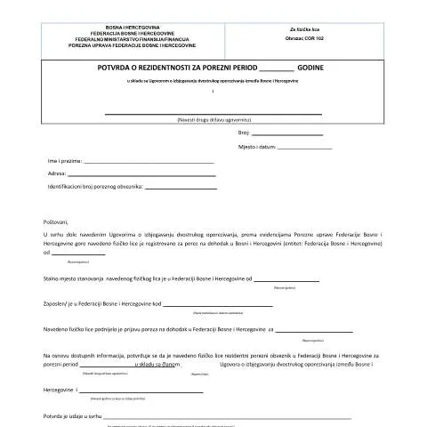 Document preview: Sve o POTVRDI O REZIDENTNOSTI FIZIČKIH LICA i obrascu COR-102 — Porezi i fiskalnost (CERFA n°Obrazac COR-102)