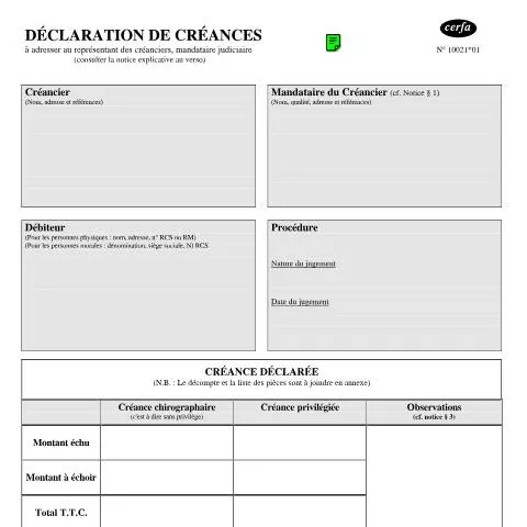 Aperçu du document Formulaire 10021*01 : comment déclarer ses créances efficacement — Démarches administratives (CERFA n°10021*01)