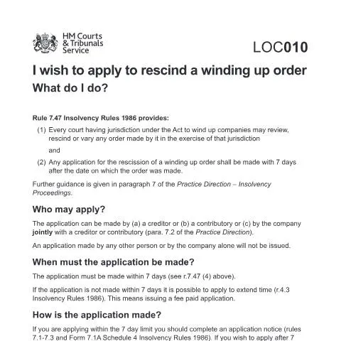 Document preview: Steps to Rescind a Winding-Up Order with Form LOC010 — Legal & justice