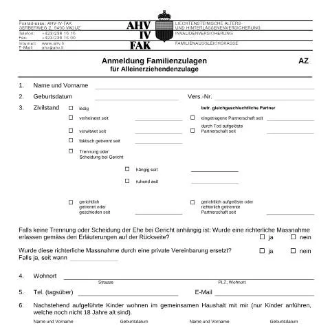Dokumentvorschau: Leitfaden zur Anmeldung der Alleinerziehendenzulage in Liechtenstein — Sozialleistungen (CERFA n°AHV-IV-FAK-FORM-4-03--Anmeldung_AZ)