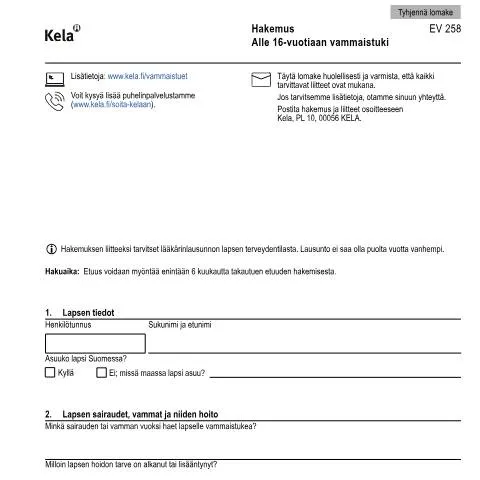Document preview: Vammaistuen hakuprosessi alle 16-vuotiaille lapsille — Hallinnolliset asiat (CERFA n°Kela EV 258)
