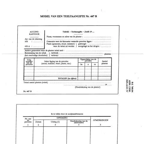 Aperçu du document Comprendre la teeltaangifte Nr. 447B pour les cultivateurs de tabac — Démarches administratives (CERFA n°ACC_FORM_Teeltaangifte-447B-17-03-2017)