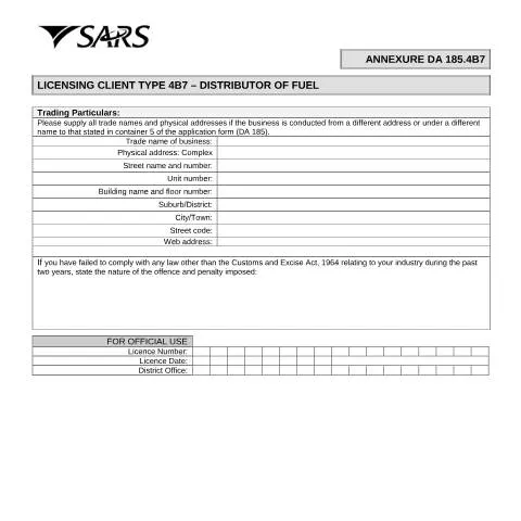 Document preview: Understanding the DA 185.4B7 Form for Fuel Licensing — Government & admin (CERFA n°DA 185.4B7)