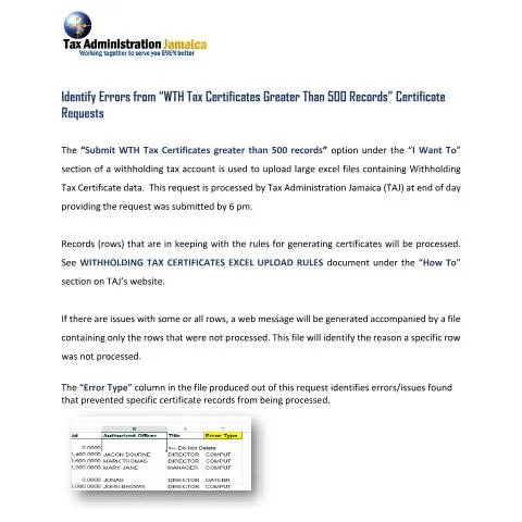 Document preview: Understanding the Process for Identifying Errors in Large WTH Tax — Government & admin (CERFA n°Doc+-+Identifying+errors+from+_WTH+Tax+Certs+greater+than+500+records_V2)