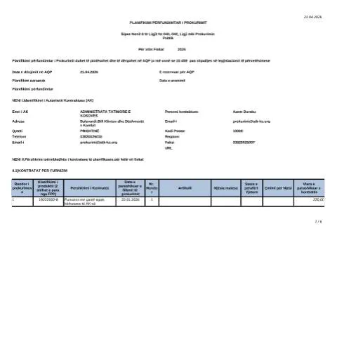 Document preview: Planifikimi përfundimtar i prokurimit për vitin 2026 në Kosovë — Procedura administrative