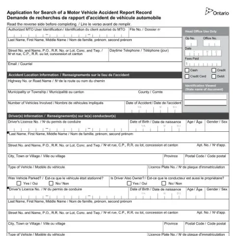 Document preview: Motor Vehicle Accident Report Search Application in Ontario (English / French) — Vehicle & driving (SR-LD-327)