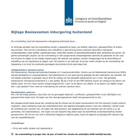 Documentvoorvertoning: Belang van Bijlage Basisexamen inburgering buitenland — Immigratie & visa (CERFA n°7106)