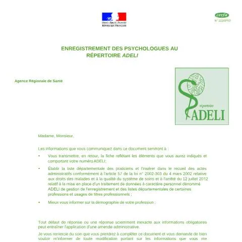 Aperçu du document Répertoire Adeli : comment s'inscrire comme psychologue — Démarches administratives (CERFA n°12269*03)