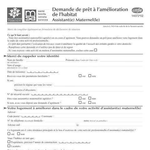 Aperçu du document Prêt amélioration habitat pour assistantes maternelles agréées — Aides & prestations sociales (CERFA n°14073*02)