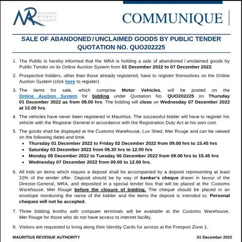 Document preview: Mauritius Public Tender for Unclaimed and Abandoned Goods — Government & admin (CommuniqueQuo202225)