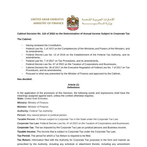 Document preview: Understanding UAE Cabinet Decision No 116 of 2022 on Corporate Tax — Taxes (CERFA n°Cabinet Decision No (116) of 2022)