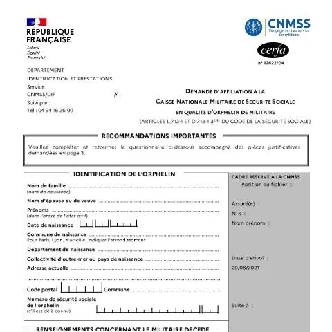 Aperçu du document Droits sociaux des orphelins de militaire : affiliation CNMSS — Aides & prestations sociales (CERFA n°12622*04)