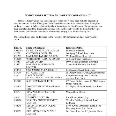 Document preview: Understanding the NOTICE UNDER SECTION 311 in Mauritius — Government & admin (CERFA n°NOTICE-UNDER-SECTION-311-dated-02-03-2020)