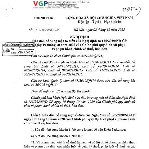 Document preview: Nghị định 310/2025/NĐ-CP: Sự cần thiết và ảnh hưởng đến hóa đơn — Thủ tục hành chính (CERFA n°310/2025/NĐ-CP)
