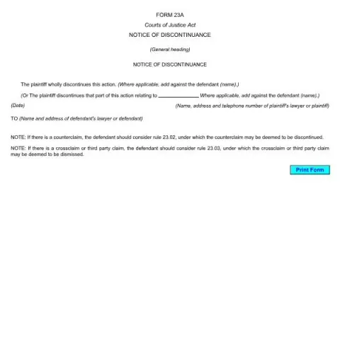 Document preview: Understanding the Notice of Discontinuance (Form 23A) in Ontario — Legal & justice (FORM 23A)