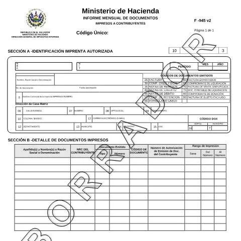 Vista previa del documento Formulario F-945: Informe Mensual de Documentos Impresos — Impuestos (CERFA n°F-945)
