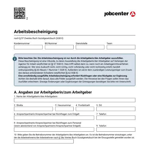 Dokumentvorschau: Wichtige Informationen zur Arbeitsbescheinigung für Bürgergeld — Arbeit & Beschäftigung (CERFA n°dok_ba033945)