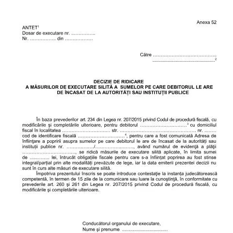 Document preview: Ridicarea măsurilor de executare silită - A52_OPANAF_63_2017 — Impozite & fiscalitate (CERFA n°A52_OPANAF_63_2017)